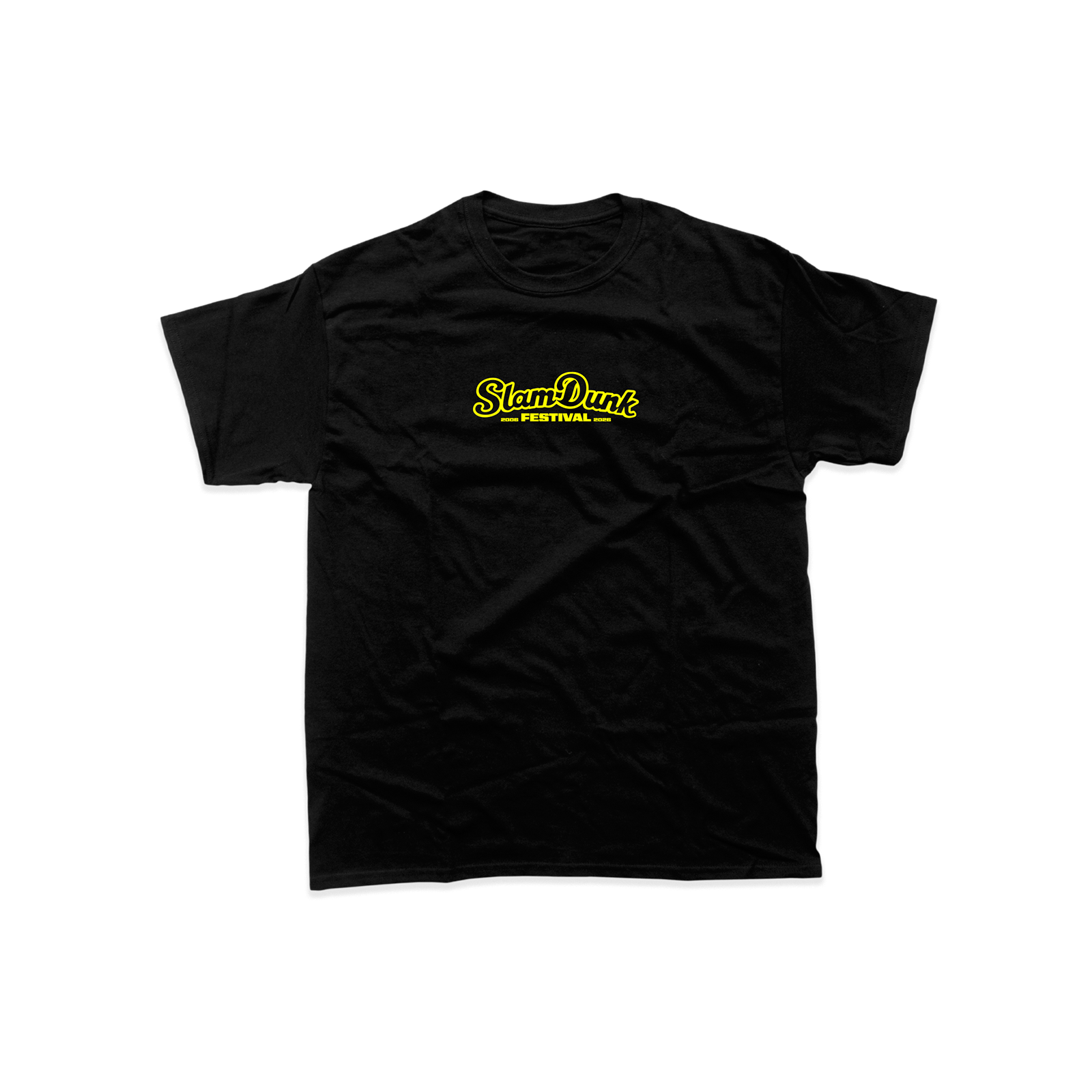 Black cotton sdf26 lineup kids t-shirt with bold yellow slam dunk festival logo on the chest
