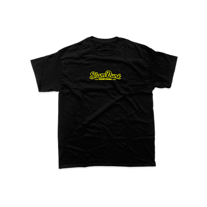 Black cotton sdf26 lineup kids t-shirt with bold yellow slam dunk festival logo on the chest