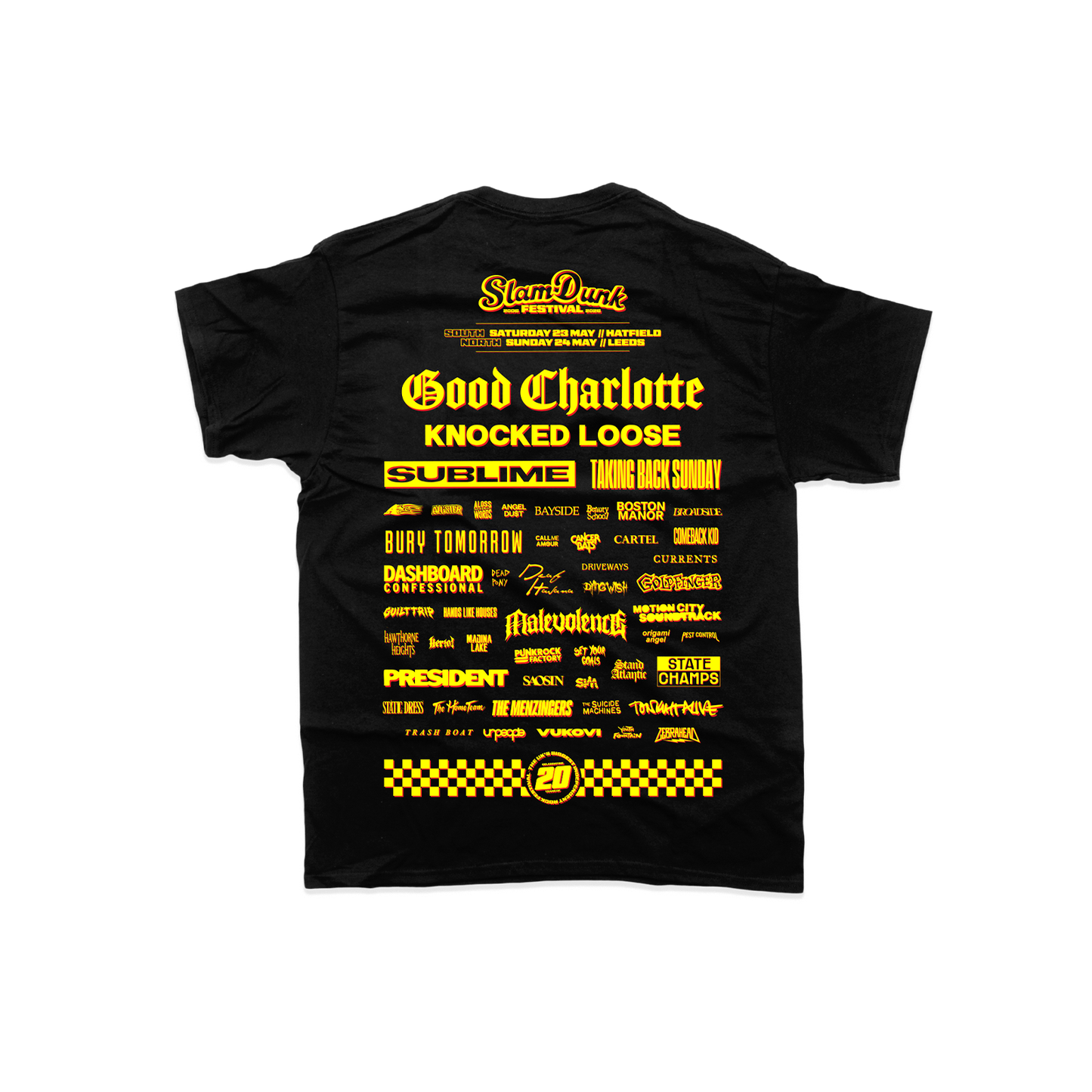 Black sdf26 lineup kids t-shirt featuring bold yellow graphic print of the slam dunk festival lineup bands