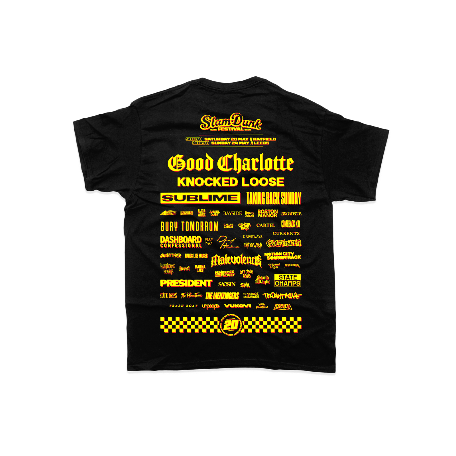Black sdf26 lineup kids t-shirt featuring bold yellow graphic print of the slam dunk festival lineup bands