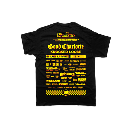 Black sdf26 lineup kids t-shirt featuring bold yellow graphic print of the slam dunk festival lineup bands