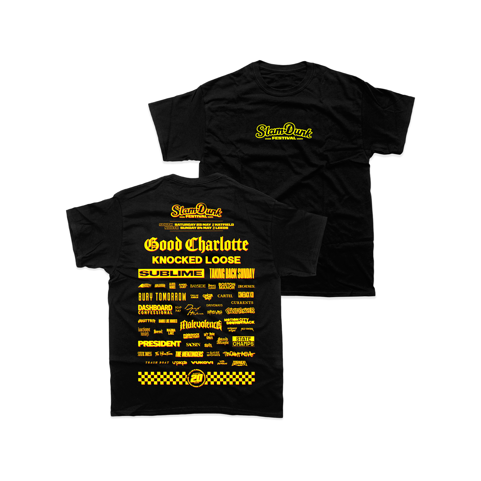 Black cotton sdf26 lineup kids t-shirt featuring a bold yellow graphic print of the slam dunk festival lineup