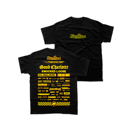 Black cotton sdf26 lineup kids t-shirt featuring a bold yellow graphic print of the slam dunk festival lineup