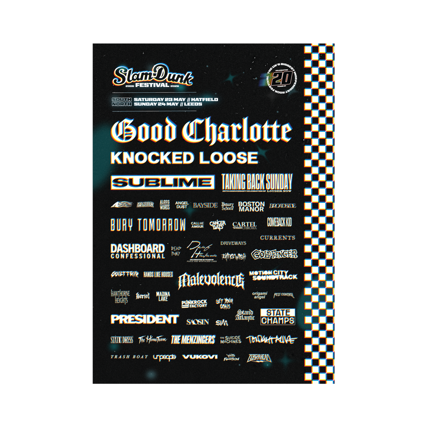 Black and white checkered sdf26 lineup poster a3 featuring glowing stylized band names for slam dunk festival