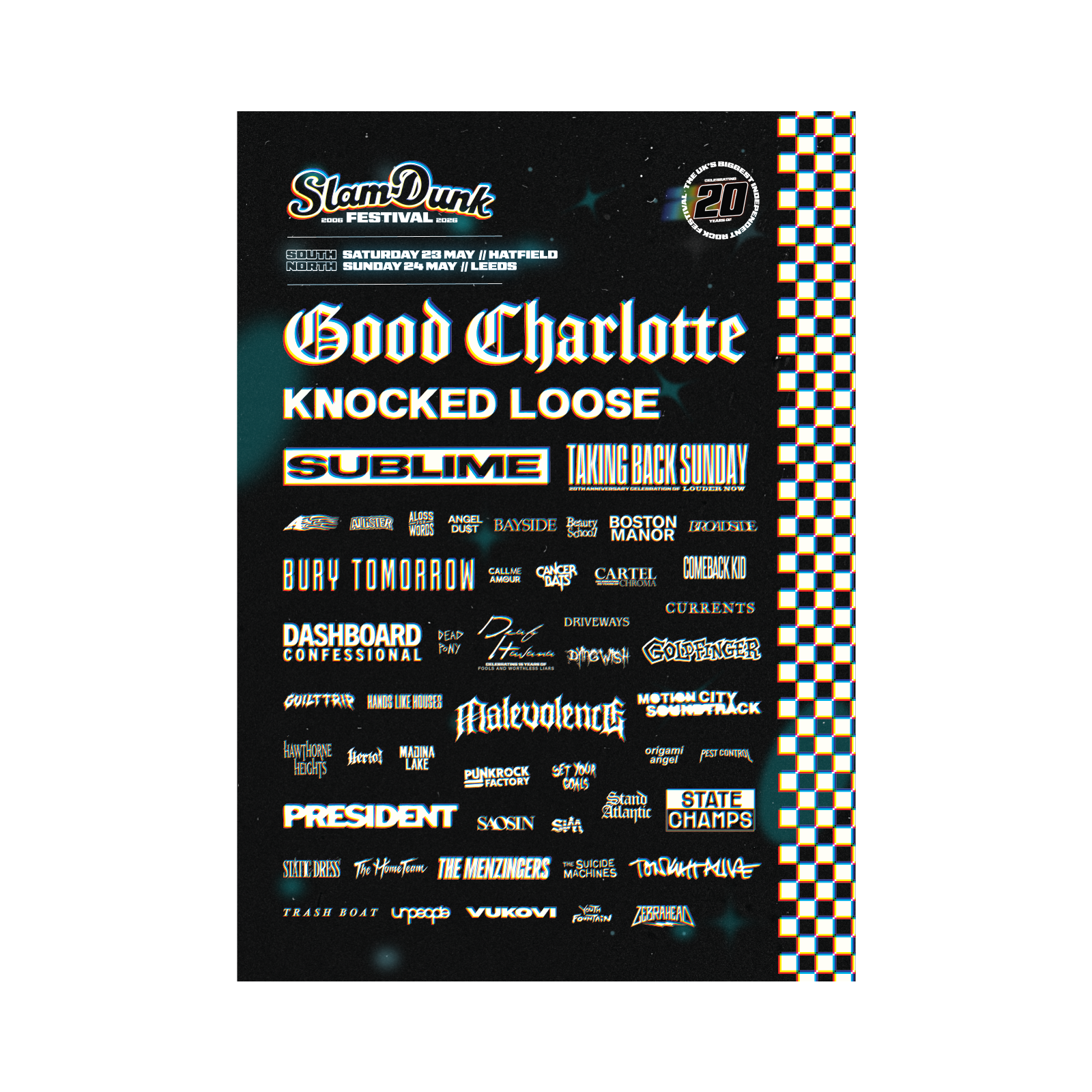 Black and white checkered sdf26 lineup poster a3 featuring glowing stylized band names for slam dunk festival