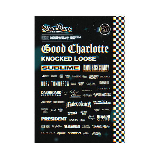 Black and white checkered sdf26 lineup poster a3 featuring glowing stylized band names for slam dunk festival