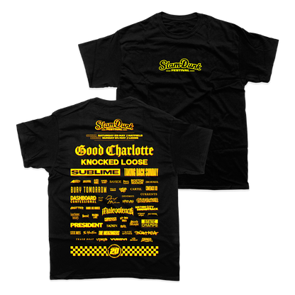 Black sdf26 lineup t-shirt featuring bold yellow text and graphics listing bands like good charlotte and sublime