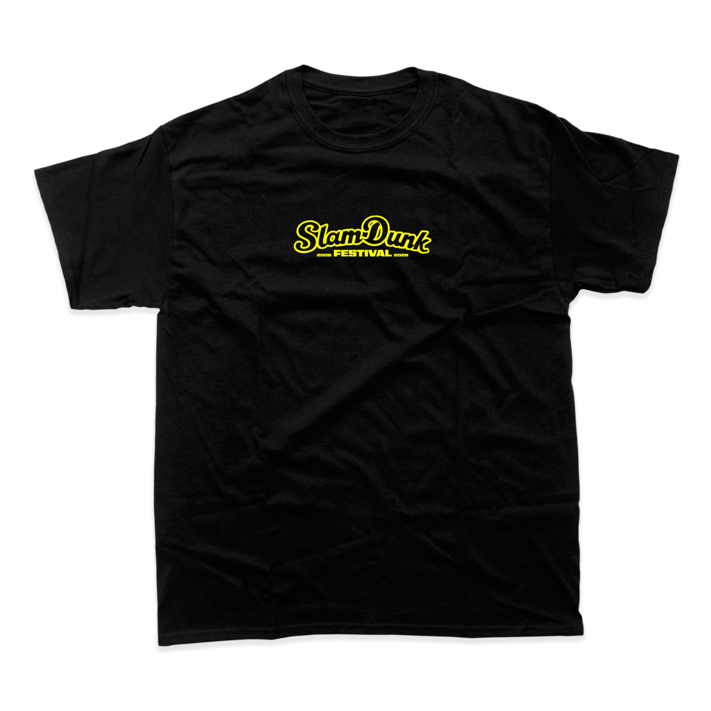 Black cotton sdf26 lineup t-shirt with bold yellow slam dunk festival logo in stylized script on the chest