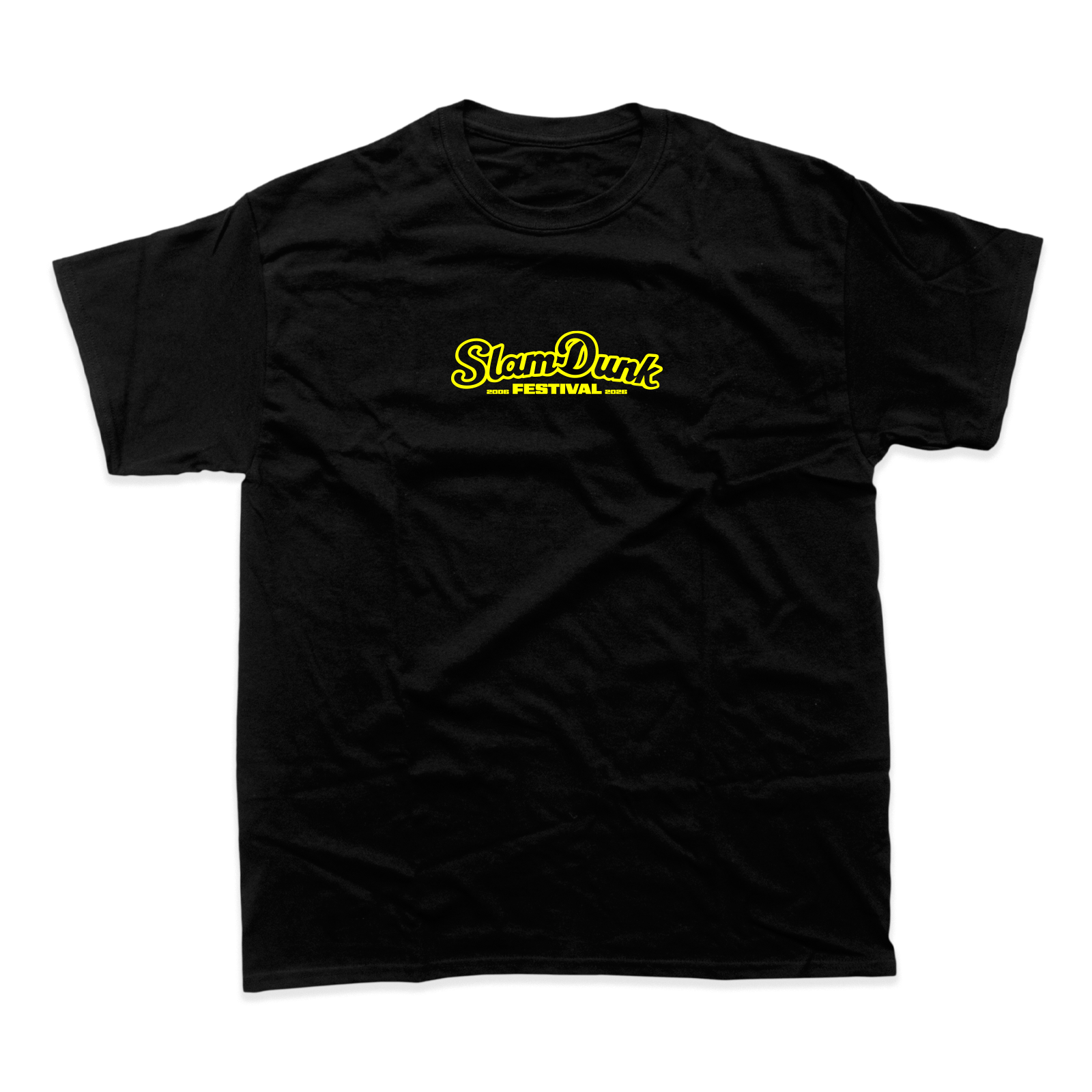 Black cotton sdf26 lineup t-shirt with bold yellow slam dunk festival logo in stylized script on the chest
