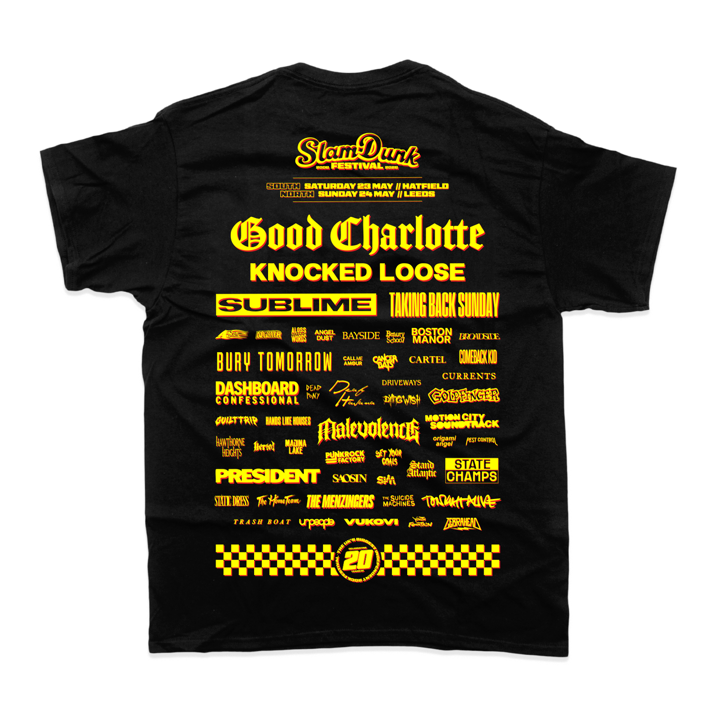 Black cotton sdf26 lineup t-shirt featuring bold yellow text listing bands for slam dunk festival on the back