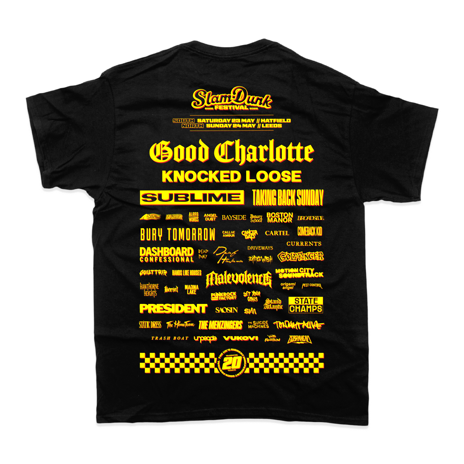 Black cotton sdf26 lineup t-shirt featuring bold yellow text listing bands for slam dunk festival on the back