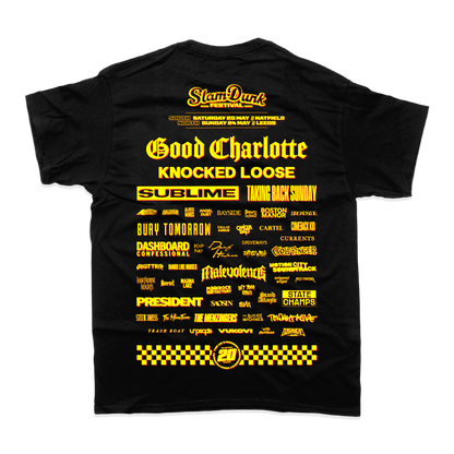 Black cotton sdf26 lineup t-shirt featuring bold yellow text listing bands for slam dunk festival on the back