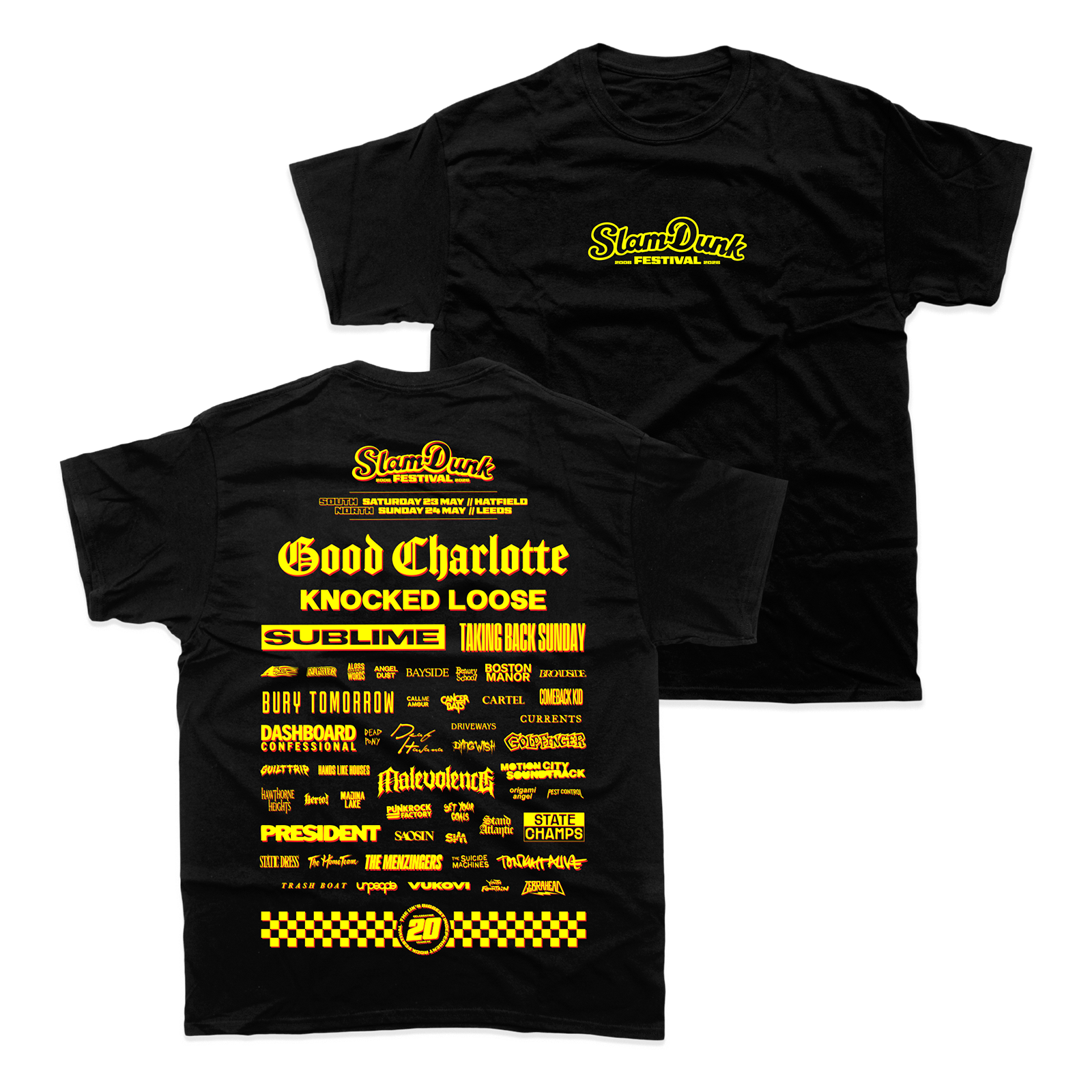 Black sdf26 lineup t-shirt featuring bold yellow text and graphics listing good charlotte sublime and bury tomorrow