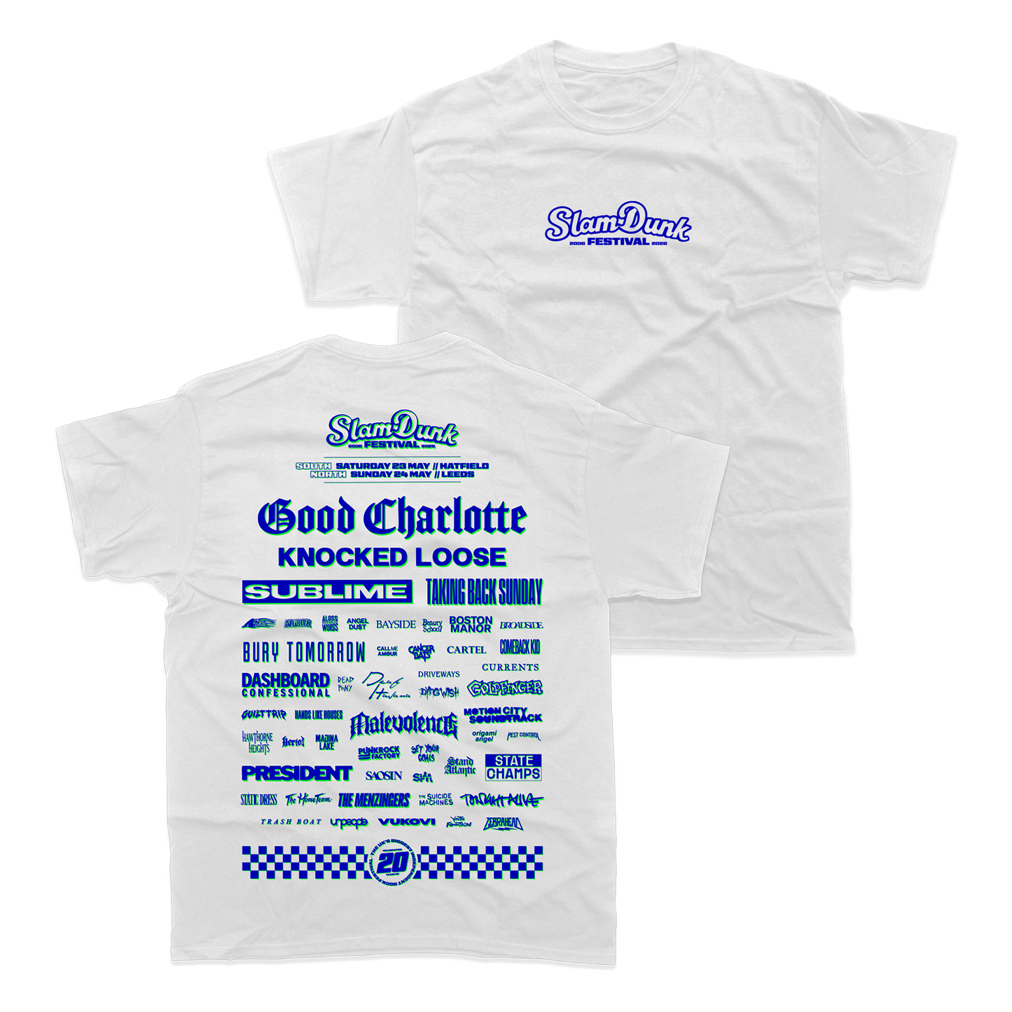 White cotton sdf26 lineup t-shirt featuring a blue graphic print of slam dunk festival bands like good charlotte and sublime