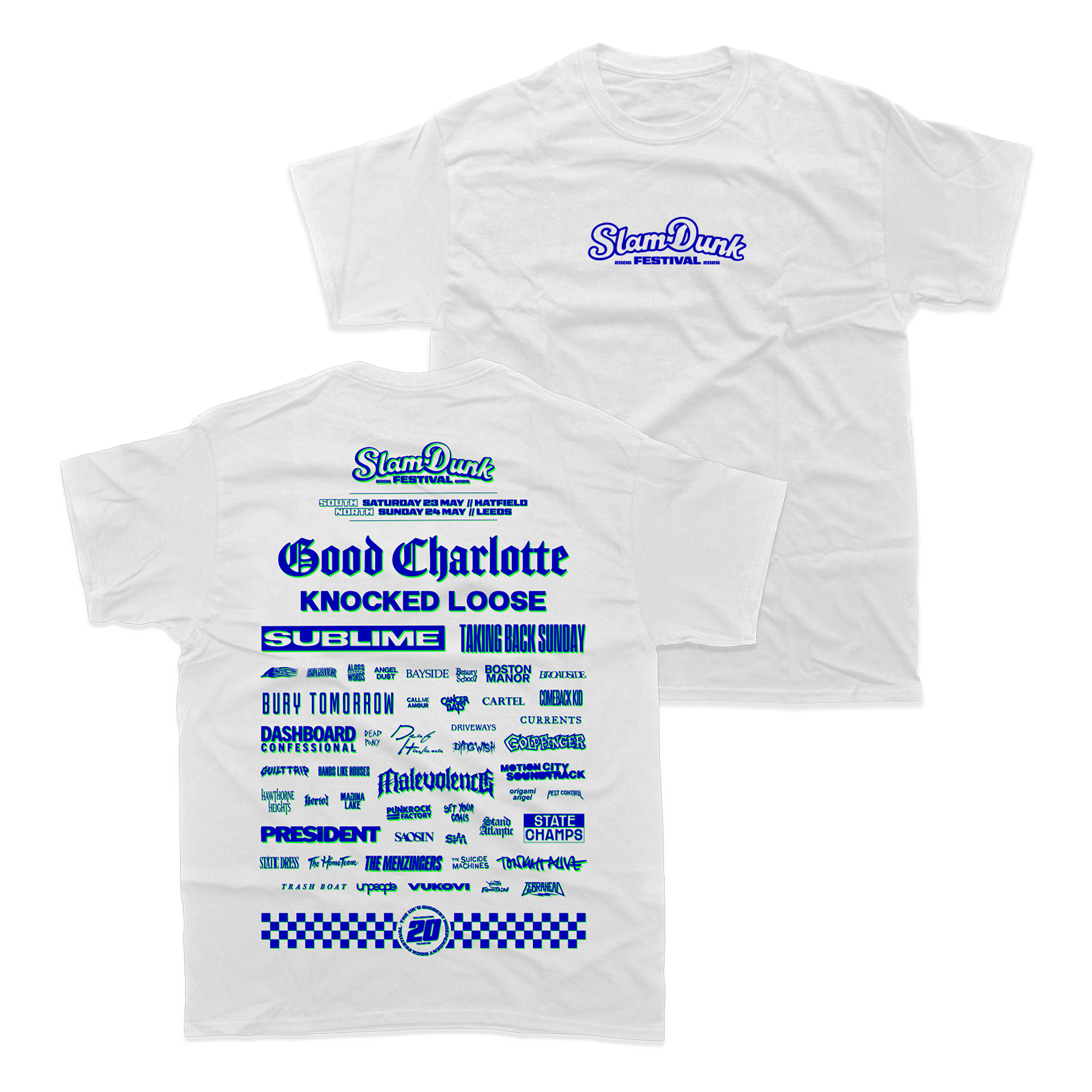 White cotton sdf26 lineup t-shirt featuring a blue graphic print of slam dunk festival bands like good charlotte and sublime