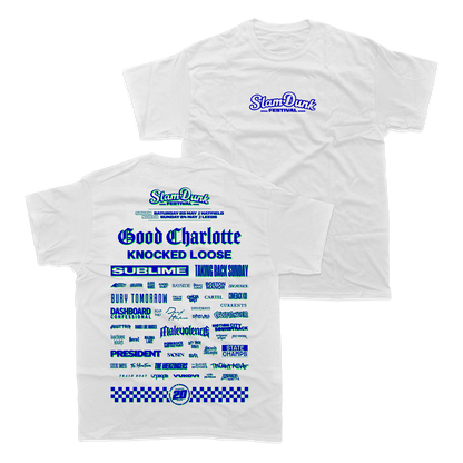 White cotton sdf26 lineup t-shirt featuring a blue graphic print of slam dunk festival bands like good charlotte and sublime