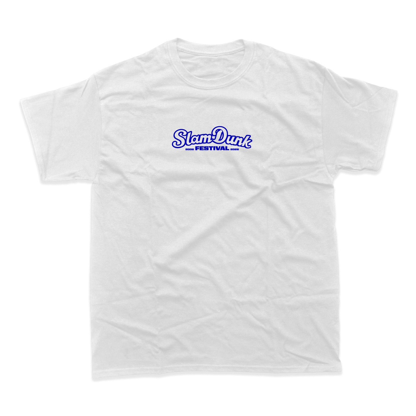 White cotton sdf26 lineup t-shirt featuring a blue slam dunk festival 2023 logo printed across the chest