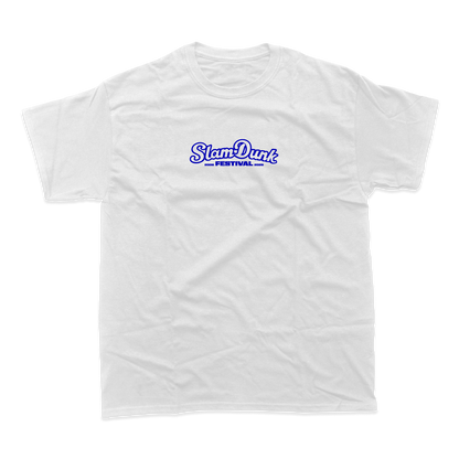 White cotton sdf26 lineup t-shirt featuring a blue slam dunk festival 2023 logo printed across the chest