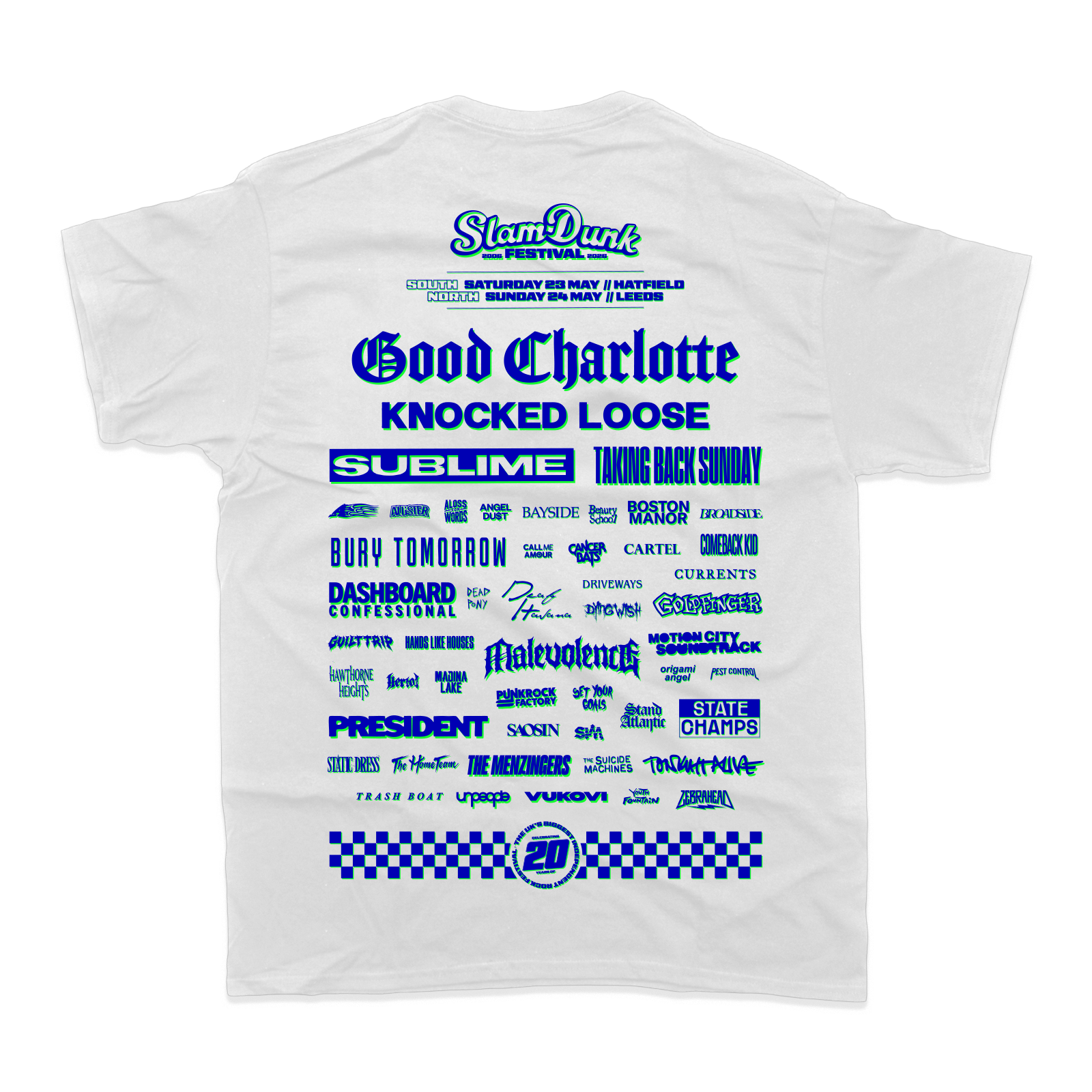 White cotton sdf26 lineup t-shirt with blue graphic print featuring slam dunk festival bands including good charlotte