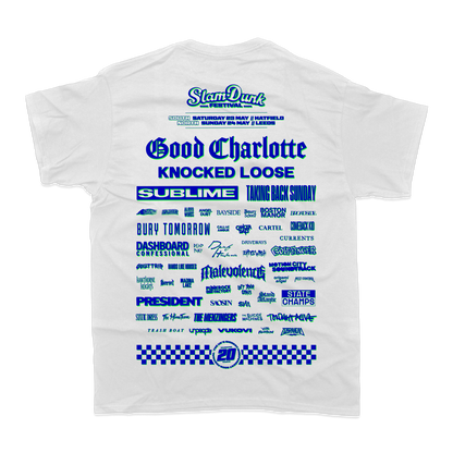 White cotton sdf26 lineup t-shirt with blue graphic print featuring slam dunk festival bands including good charlotte