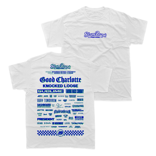 White sdf26 lineup t-shirt featuring a blue graphic print of the slam dunk festival lineup with bands like good charlotte and sublime