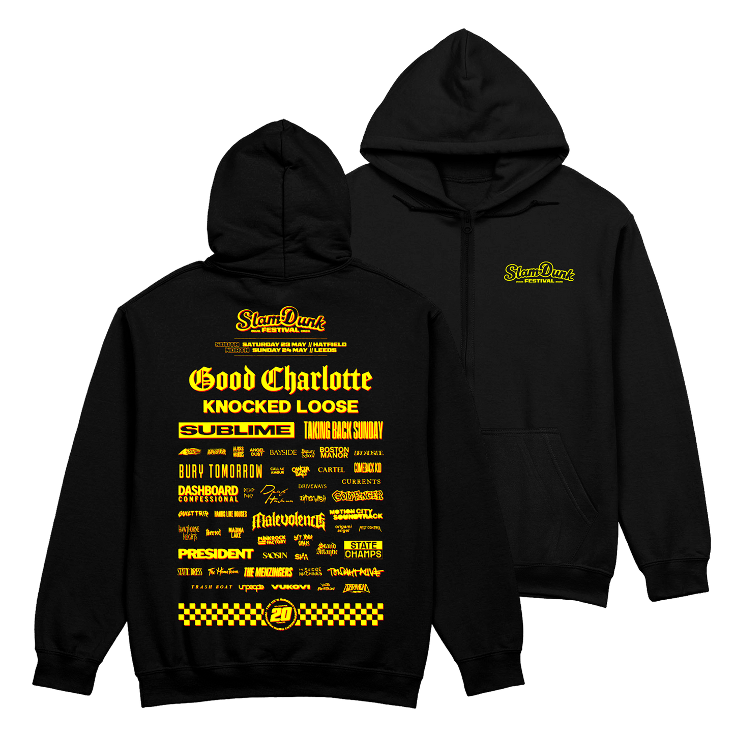 Black sdf26 lineup zip hoodie with vibrant yellow 20th anniversary slam dunk festival band graphic print