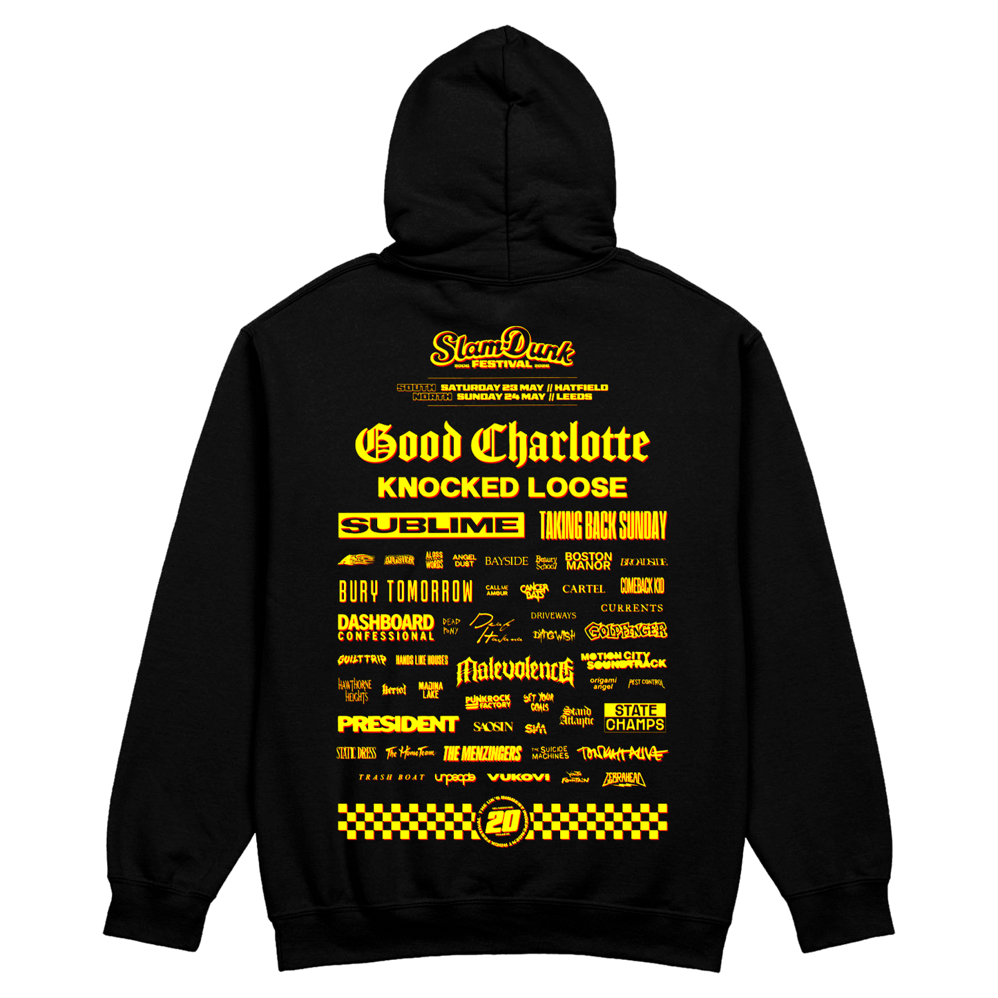 Black sdf26 lineup zip hoodie featuring bold yellow slam dunk festival lineup graphic and band names on the back