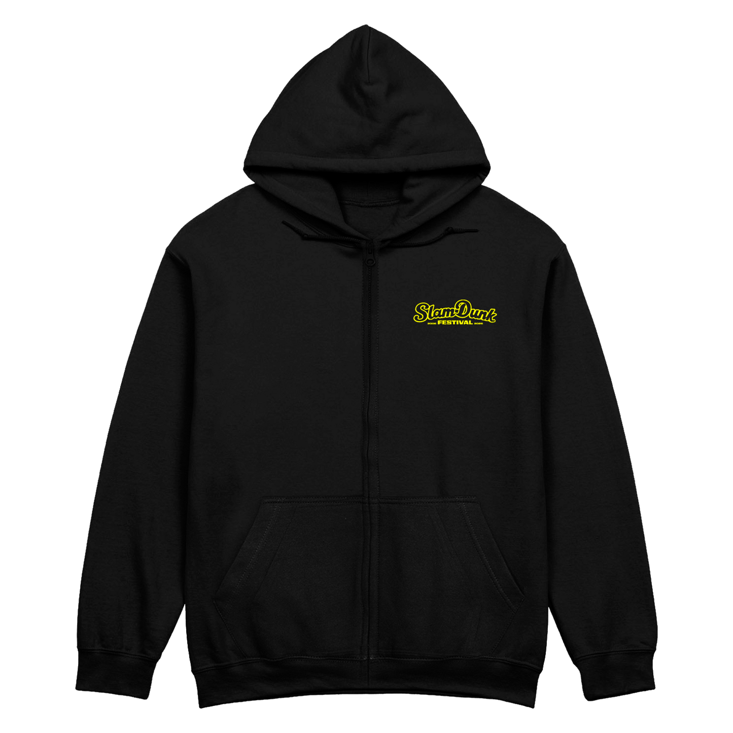Black sdf26 lineup zip hoodie with neon yellow slam dunk festival logo on chest for casual streetwear
