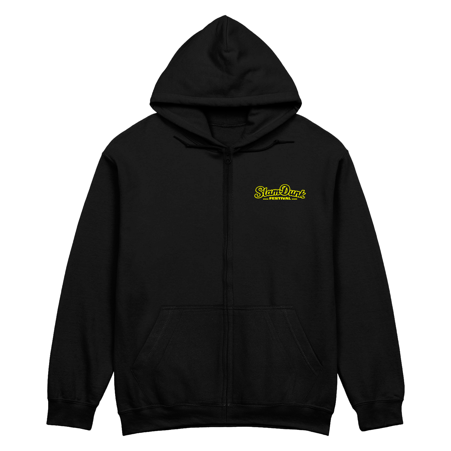 Black sdf26 lineup zip hoodie with neon yellow slam dunk festival logo on chest for casual streetwear