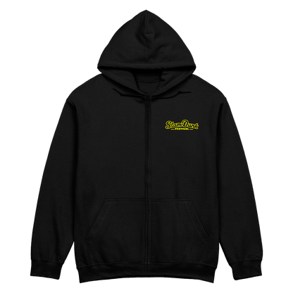 Black sdf26 lineup zip hoodie with neon yellow slam dunk festival logo on chest for casual streetwear