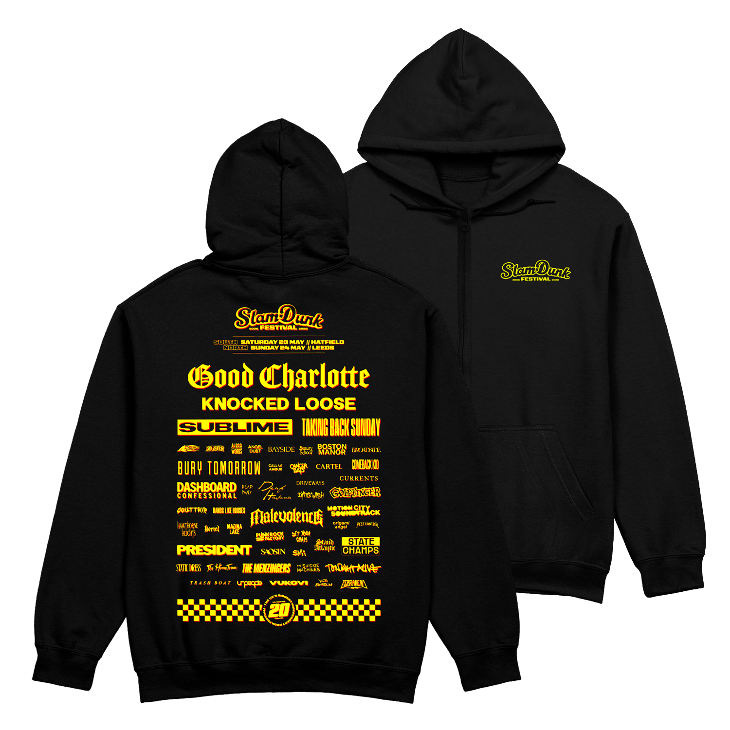 Black zip-up hoodie with vibrant yellow sdf26 lineup graphic featuring good charlotte and sublime for slam dunk festival