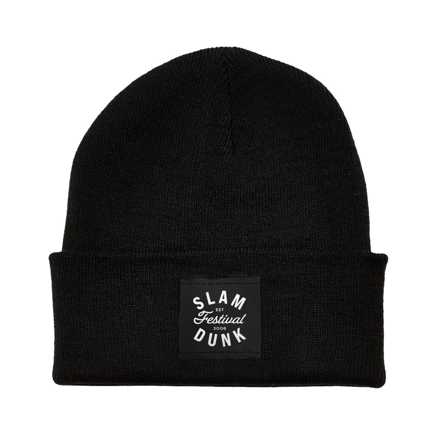 Black knit beanie with folded cuff and white embroidered patch reading slam festival dunk 2006 since 06 beanie black