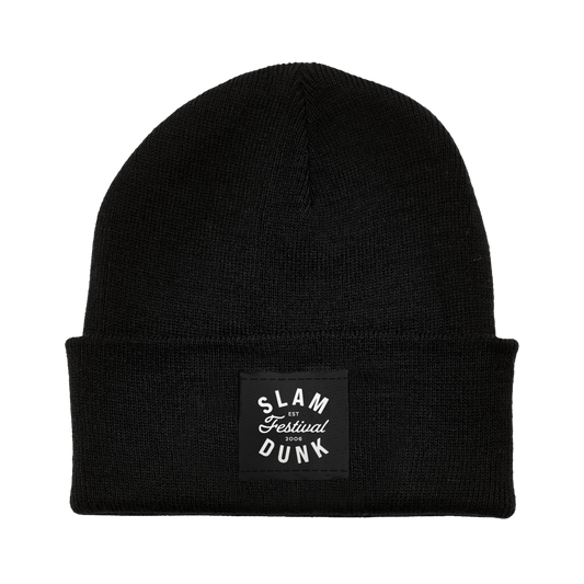 Black knit beanie with folded cuff and white embroidered patch reading slam festival dunk 2006 since 06 beanie black
