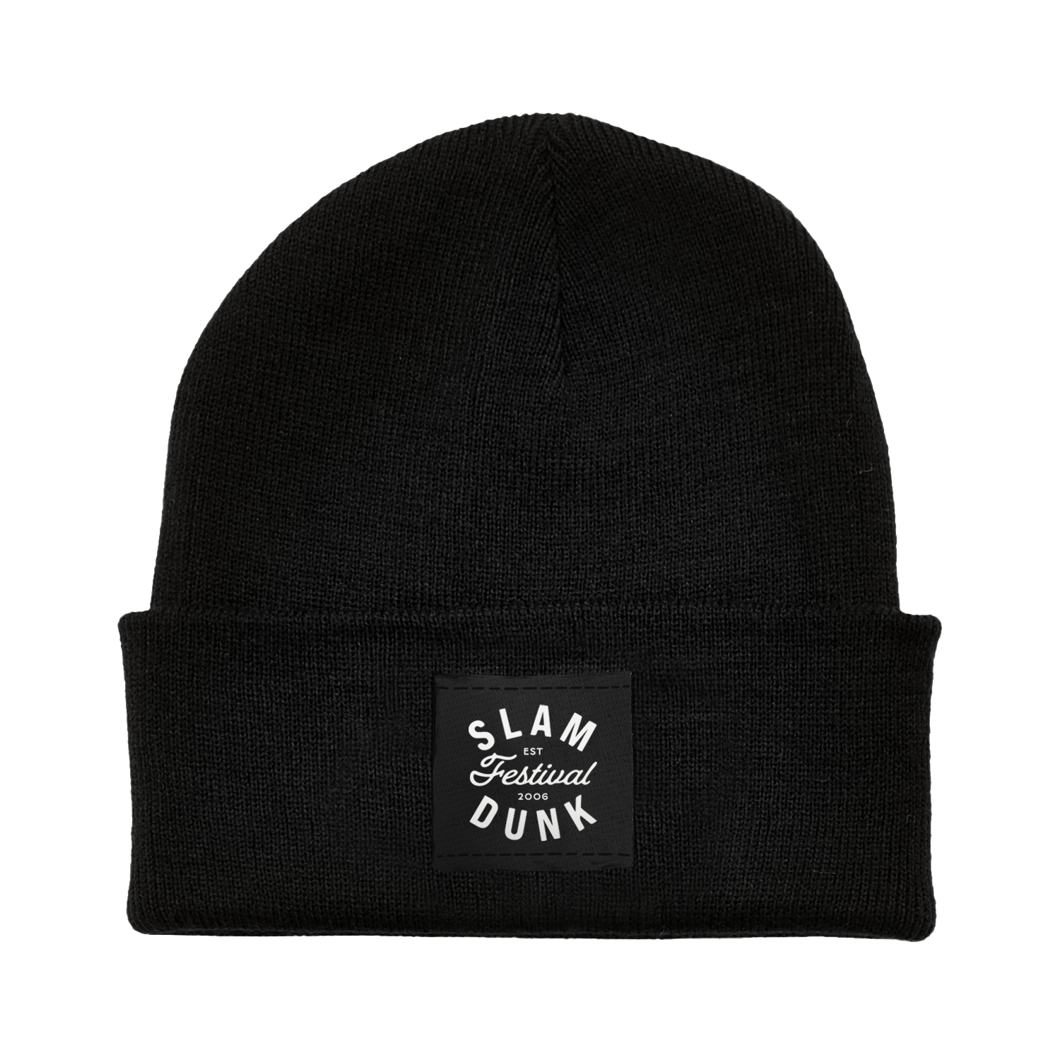 Black knit beanie with folded cuff and white embroidered patch reading slam festival dunk 2006 called since 06 beanie