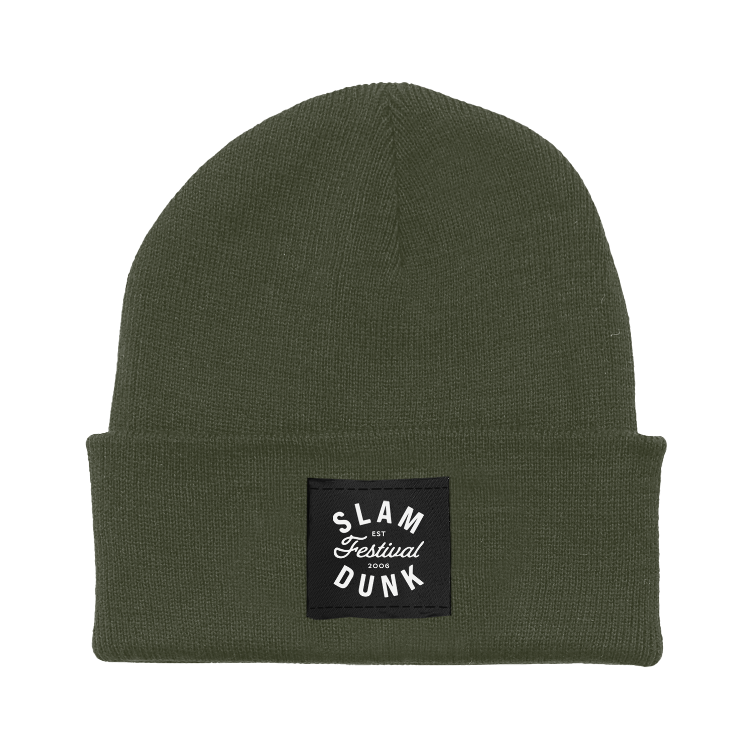 Olive green knit beanie with a black patch reading slam dunk festival 2006 from the since 06 beanie collection