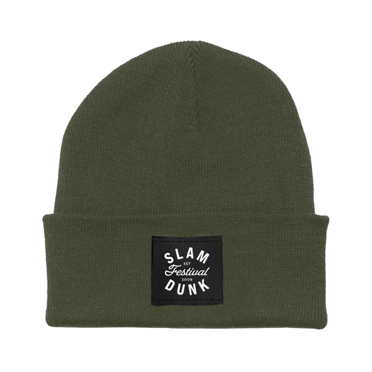 Olive green knit beanie with a black patch reading slam dunk festival 2006 from the since 06 beanie collection