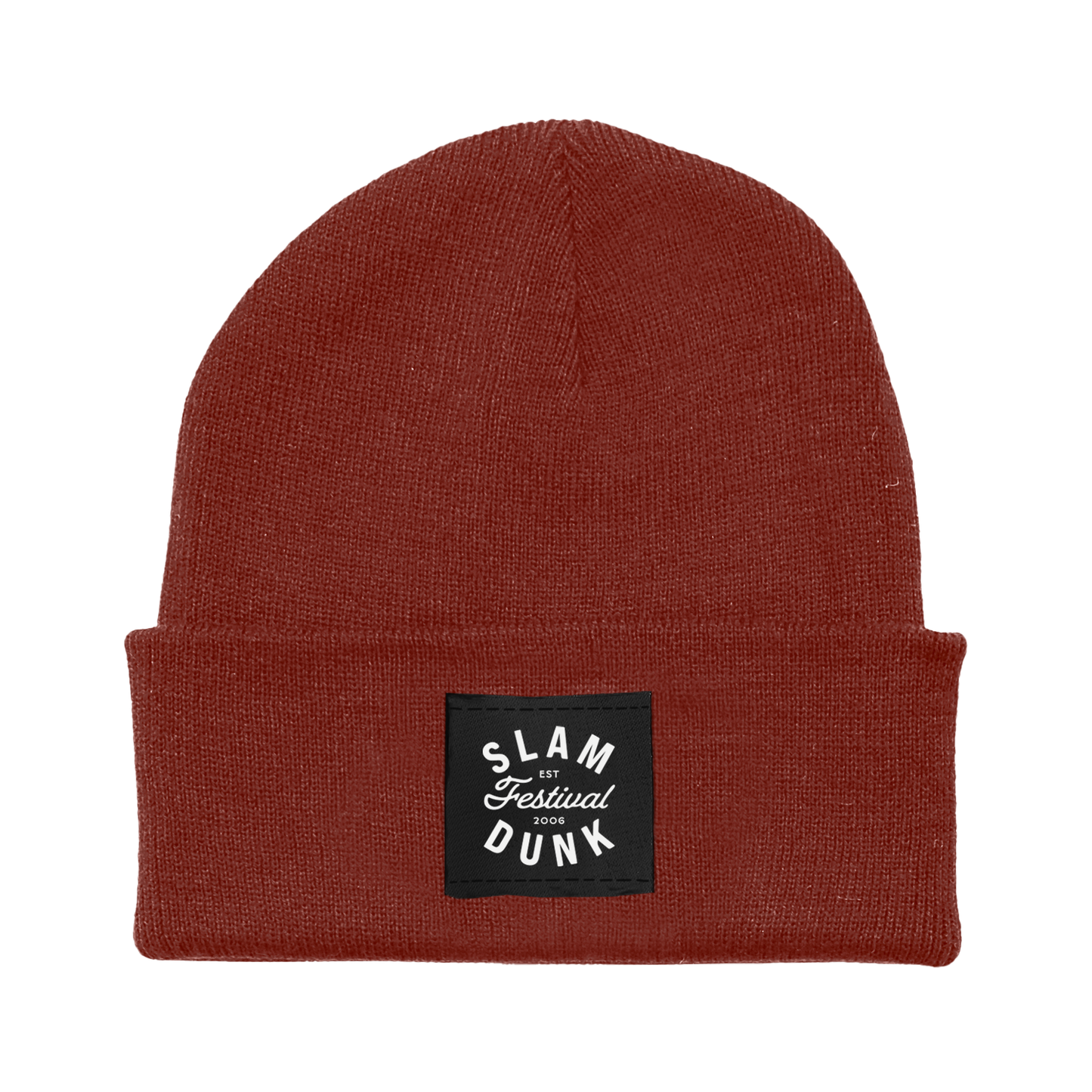 Rust-colored knit beanie with black patch reading slam festival dunk 2006 called Since 06 Beanie rust