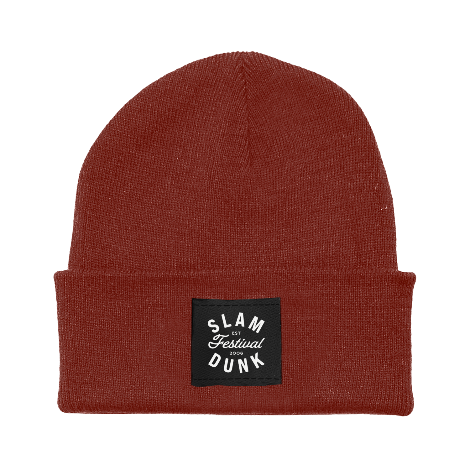 Rust-colored knit beanie with black patch reading slam festival dunk 2006 called Since 06 Beanie rust