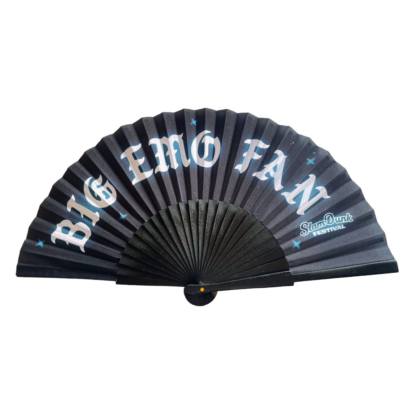 Black folding slam dunk emo fan with white big emo fan lettering and blue star accents for slamdunk festival