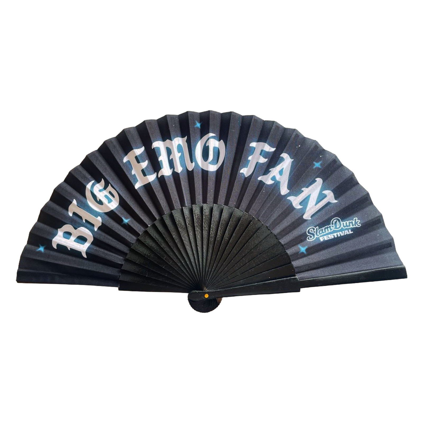 Black folding slam dunk emo fan with white stylized lettering big emo fan and slamdunk festival logo with blue stars