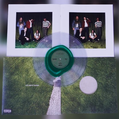 The maine joy next door lp on glass clear green vinyl with a translucent purple hue and green center label