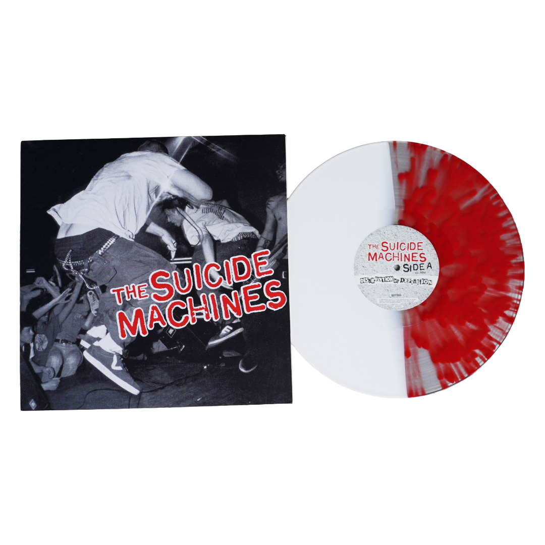 The suicide machines destruction by definition lp features a red and white splatter vinyl with a black and white album cover