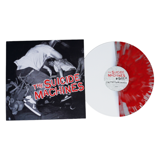 The suicide machines destruction by definition lp features a red and white splatter vinyl with a black and white album cover