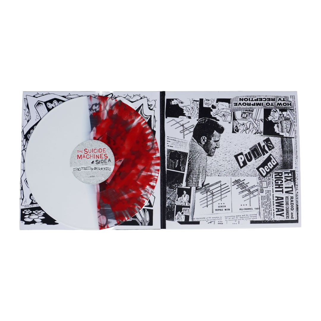 The suicide machines destruction by definition lp features a translucent red and white splatter vinyl with punk album art