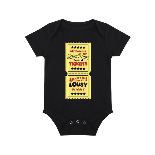 Black tickets babygrow with yellow ticket graphic on short-sleeved onesie