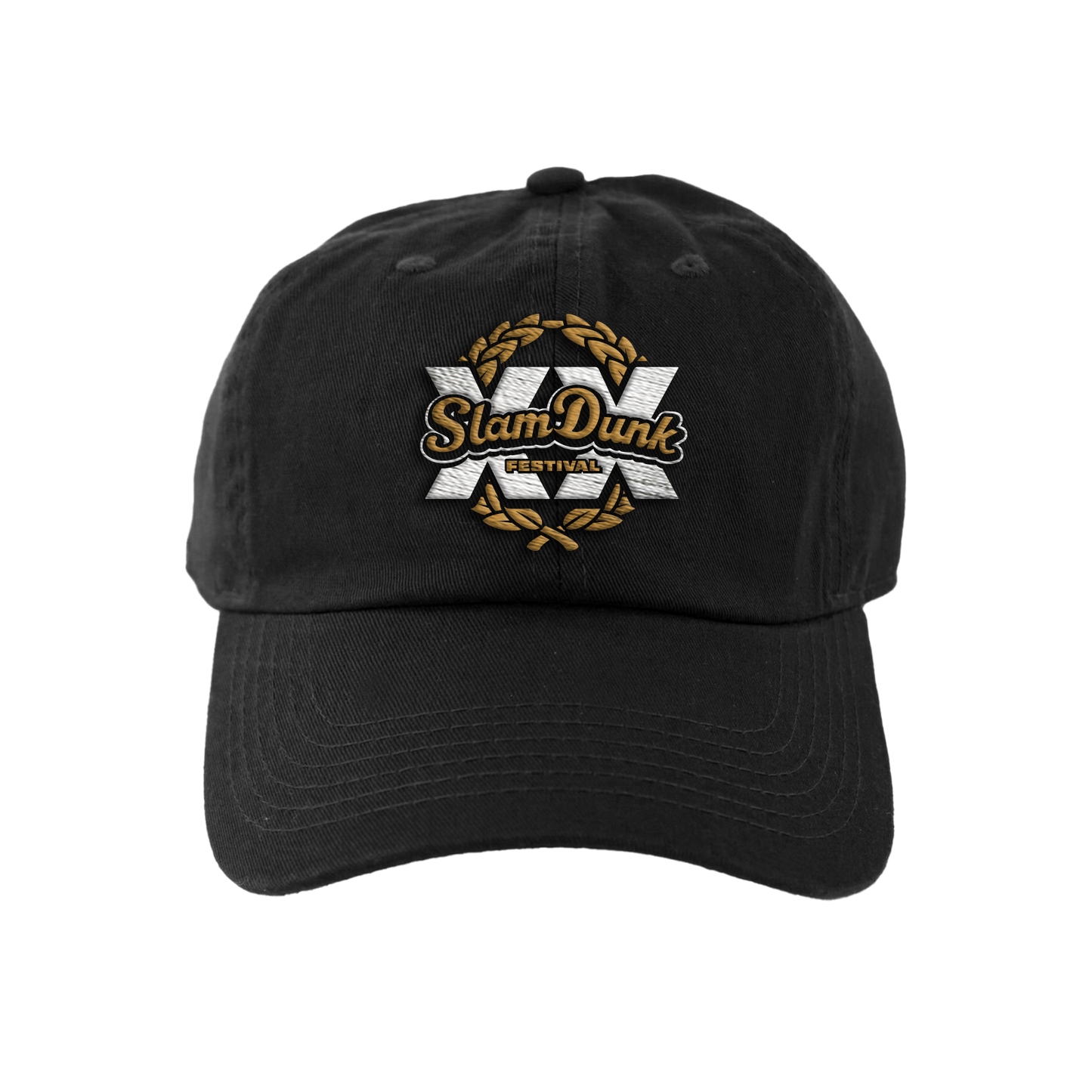 Black cotton anniversary cap featuring embroidered xx slam dunk festival xx logo with gold and white detailing