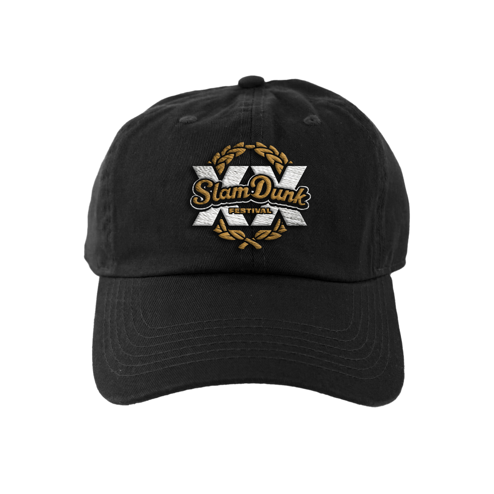 Black cotton anniversary cap with embroidered xx slam dunk festival xx logo in gold and white detailing