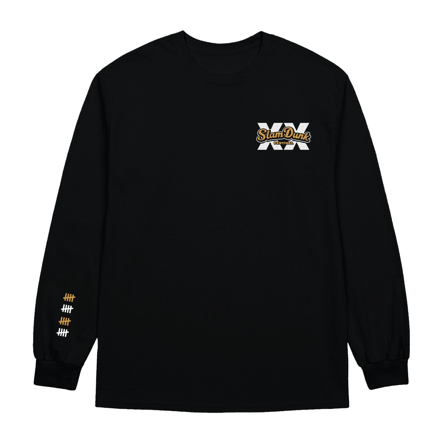 Black anniversary longsleeve t-shirt with white and gold slam dunk logo and orange white hash marks on left sleeve