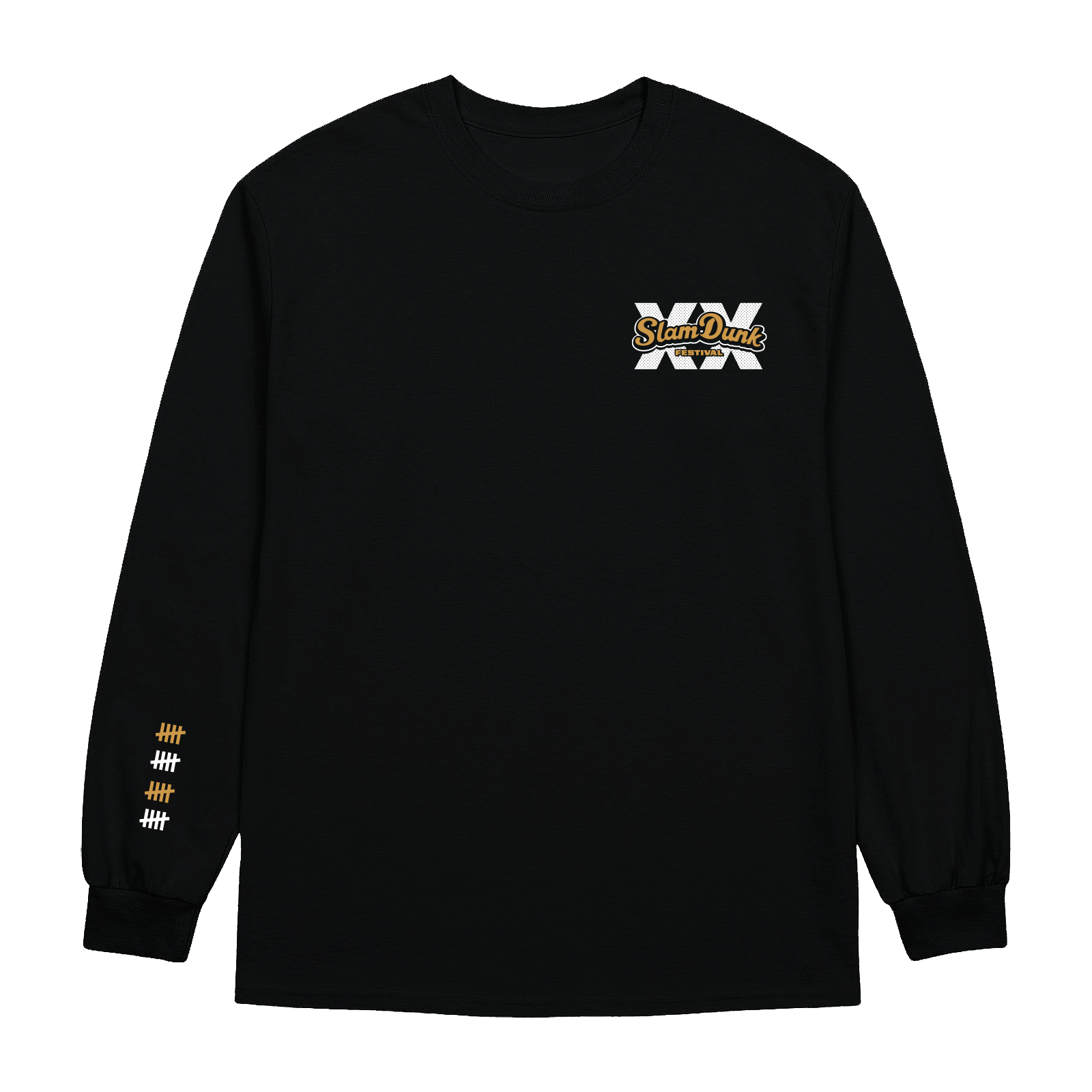 Black anniversary longsleeve t-shirt with white and gold slam dunk logo and orange white hash marks on left sleeve