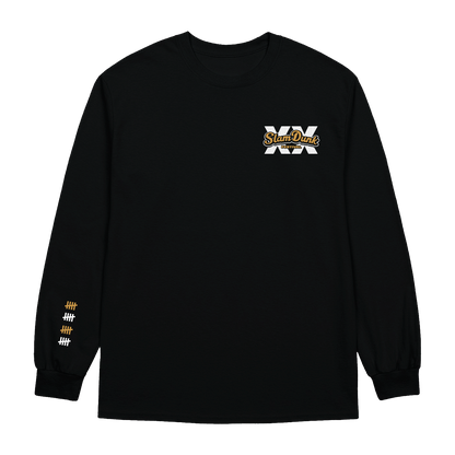 Black anniversary longsleeve t-shirt with white and gold slam dunk logo and orange white hash marks on left sleeve